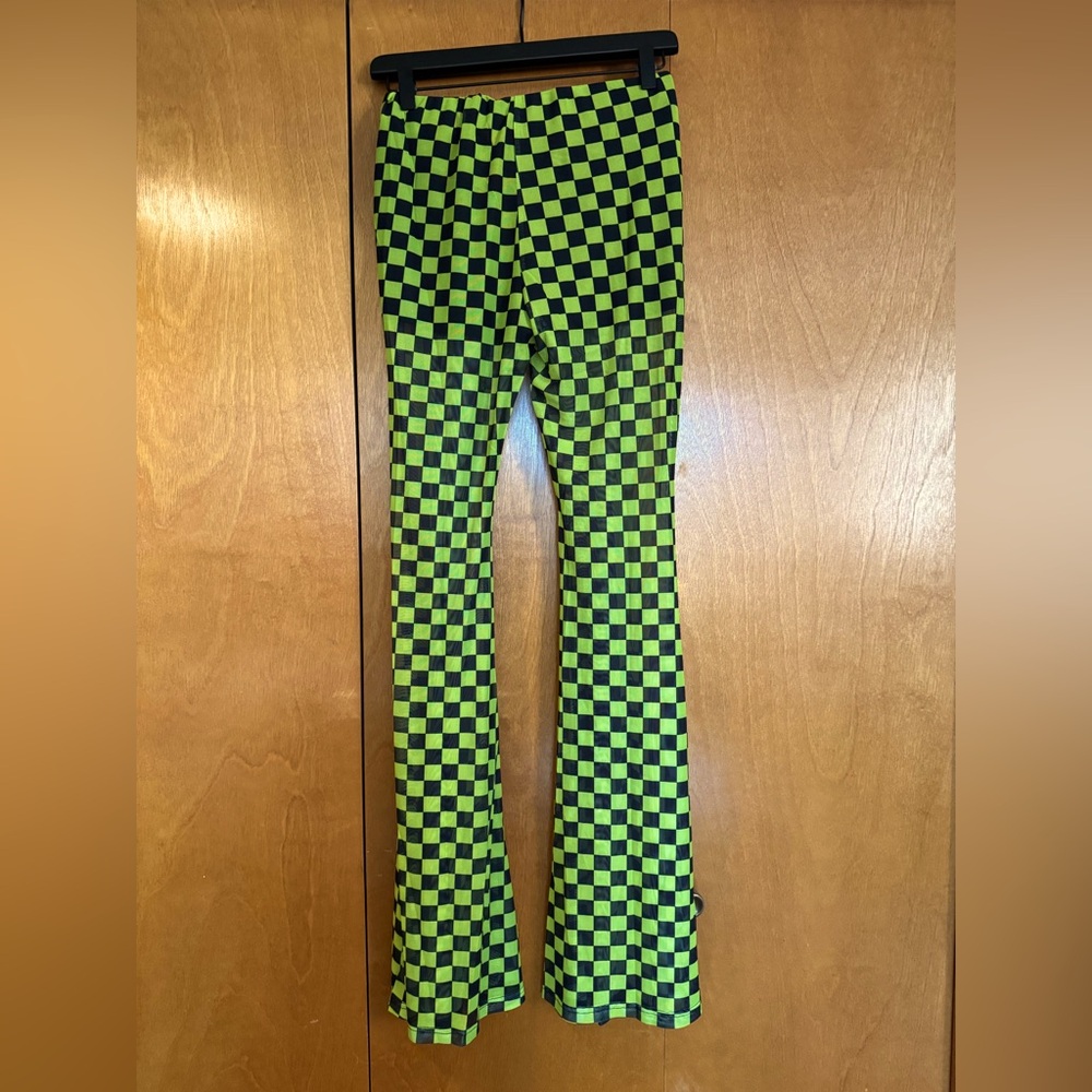 MIMOSA Lime Green and Black Checkered Sheer Flare Pants - Picture 2 of 4